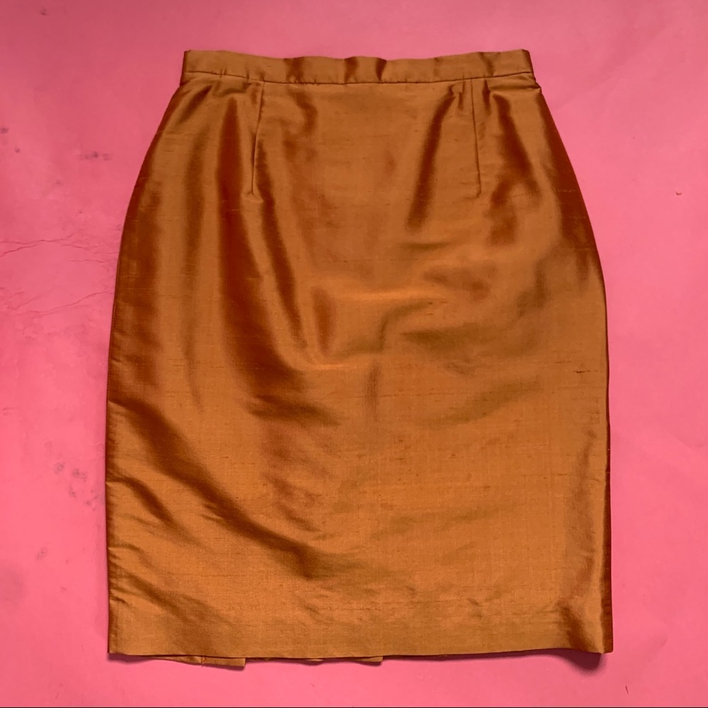 BEAUTIFUL 100% Silk GIANNI Shantung Office Siren Orange Mini Pencil Skirt 2